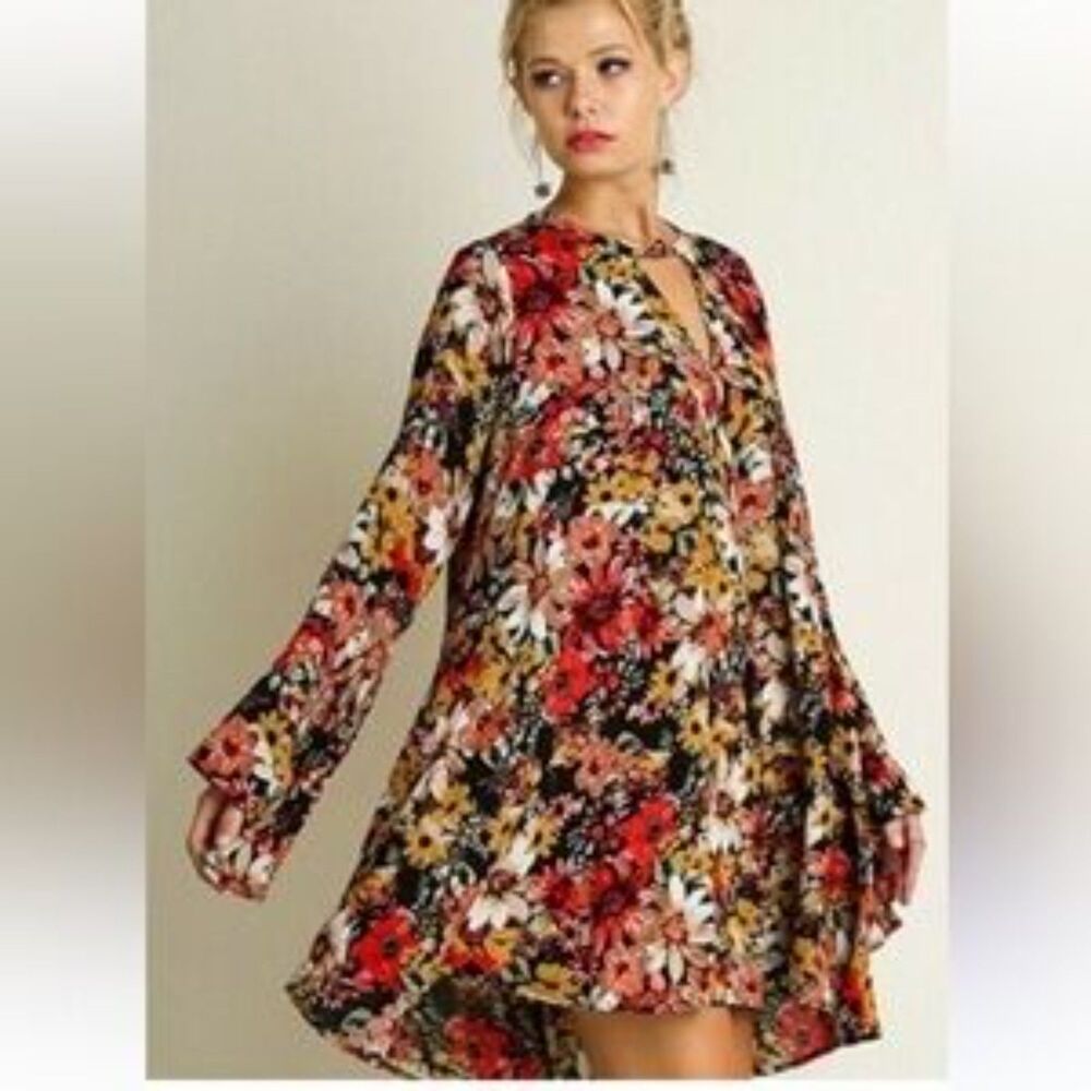 Umgee USA Floral Print Mini Dress Long Sleeve Boho Tunic Black & Red Multi Med